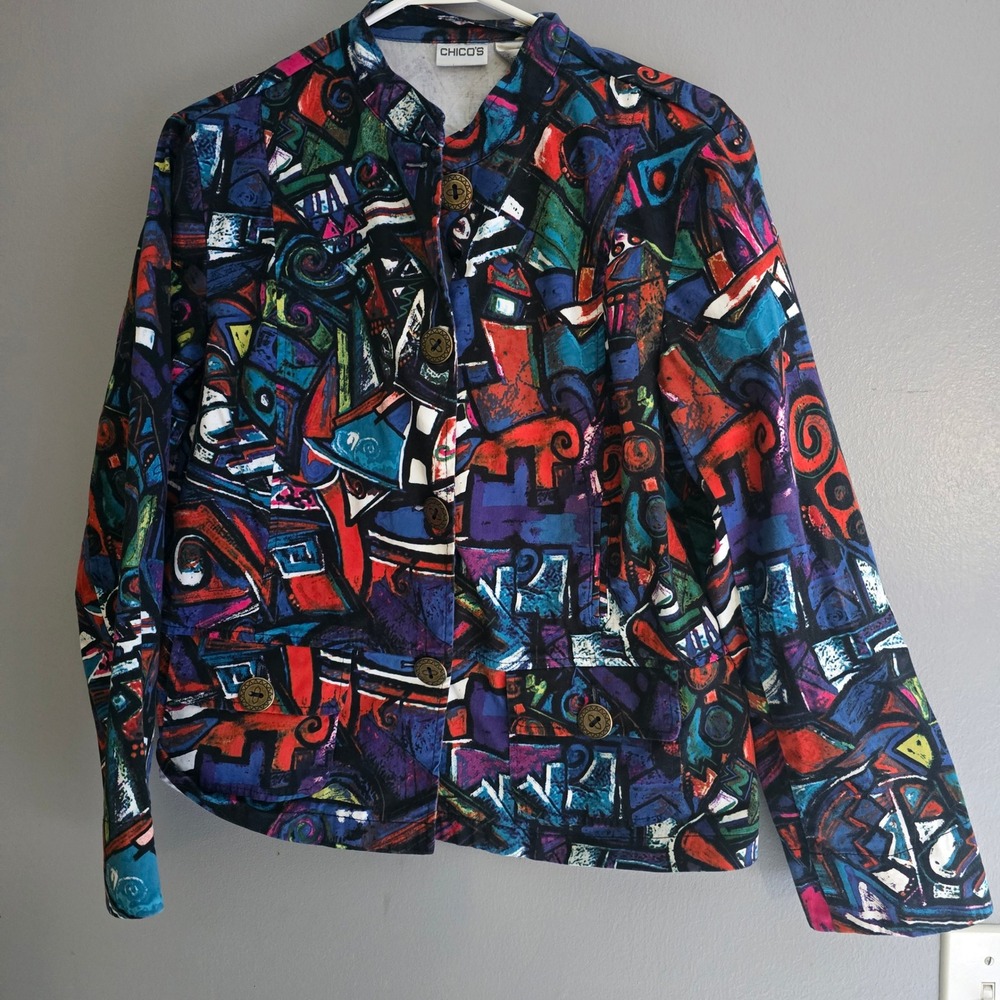 Chico's Abstract Geometric Print Button Front Jacket Multi Color Size 2 Large